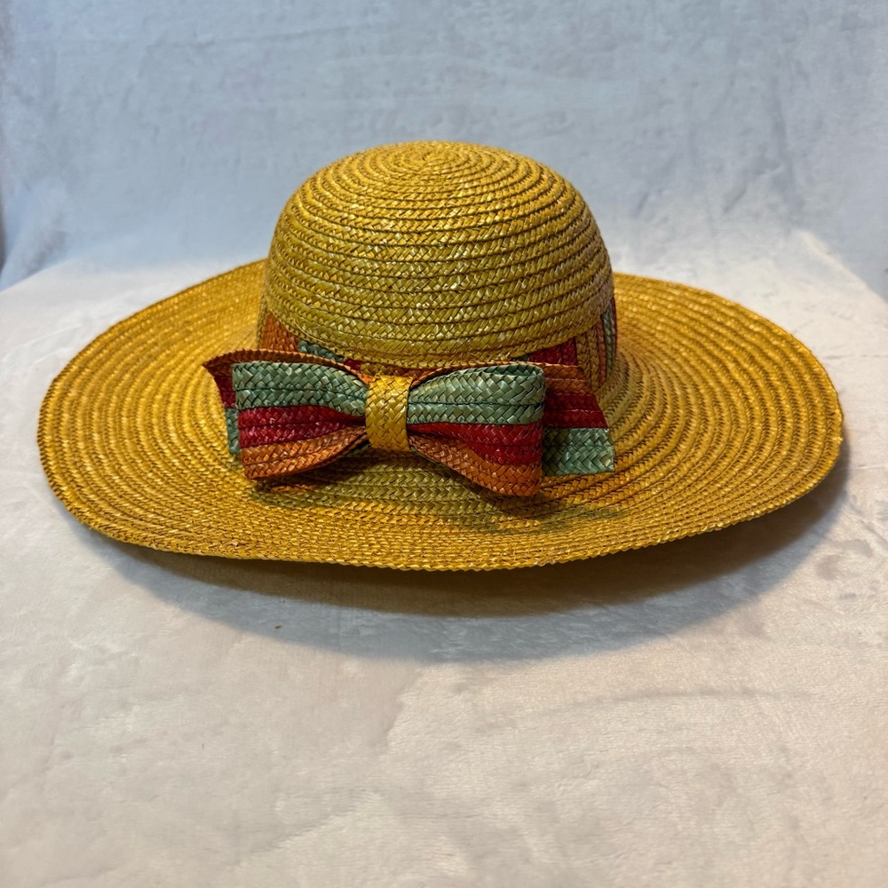 Liz Claiborne Accessories Vintage Wide Brim Straw Sun Beach Hat Stripe Bow Italy